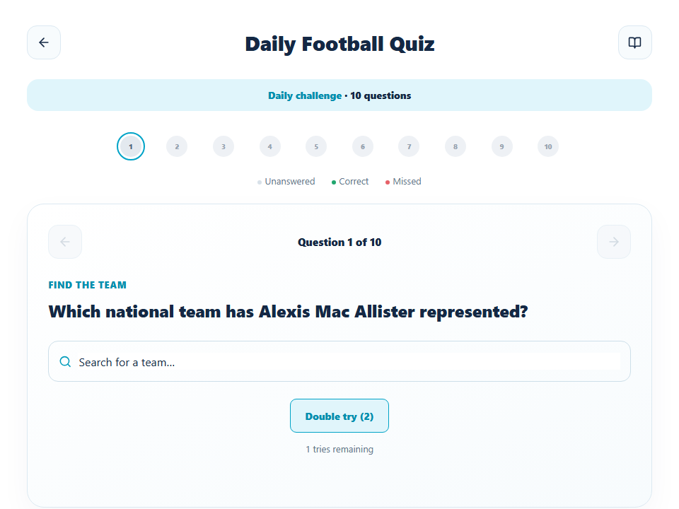 Footalara Daily Football Quiz showing question one of ten, a national-team question, answer search and two Double try uses