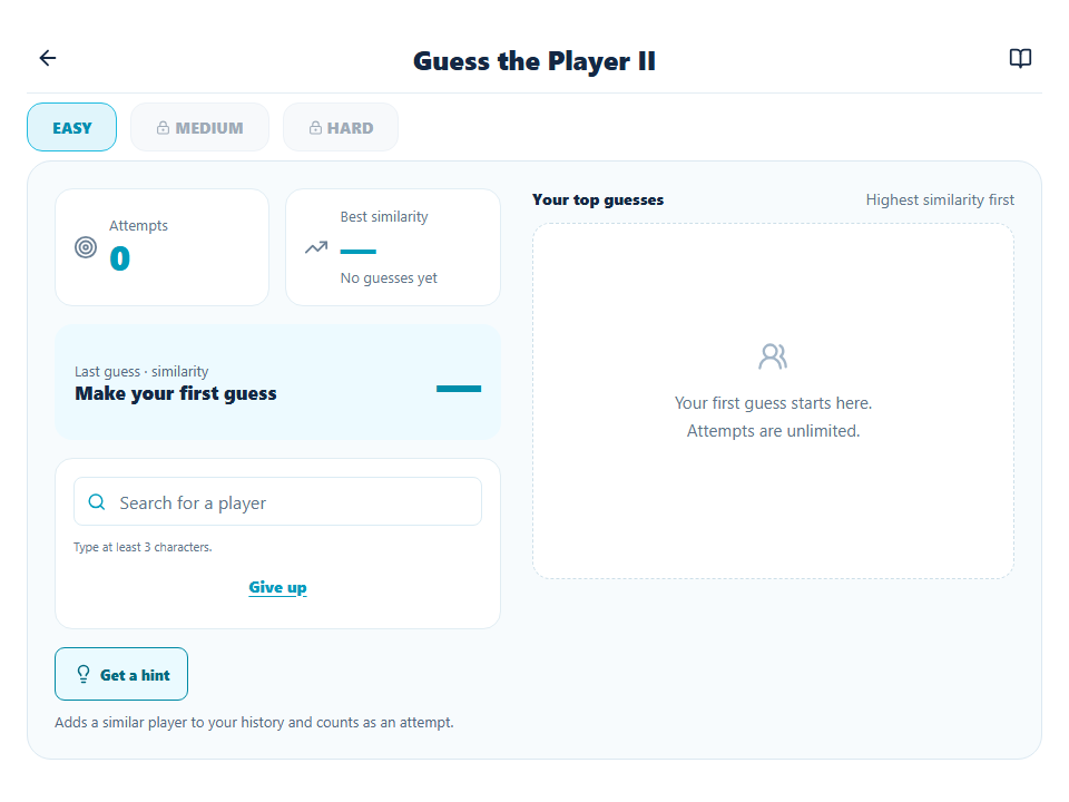Footalara Guess the Player II board with unlimited attempts, a player search, a hint button and an empty highest-similarity history